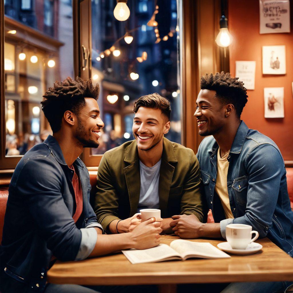A romantic scene featuring a diverse group of straight men engaged in playful and deep conversations in a cozy café, surrounded by hearts and subtle symbols of attraction. Soft lighting creates a warm and inviting atmosphere, with a background of cityscape visible through the window. Elements like a couple sharing a laugh, a man reading a book about dating, and playful flirty gestures enhance the theme of love and attraction. watercolor style. warm tones. inviting ambiance.