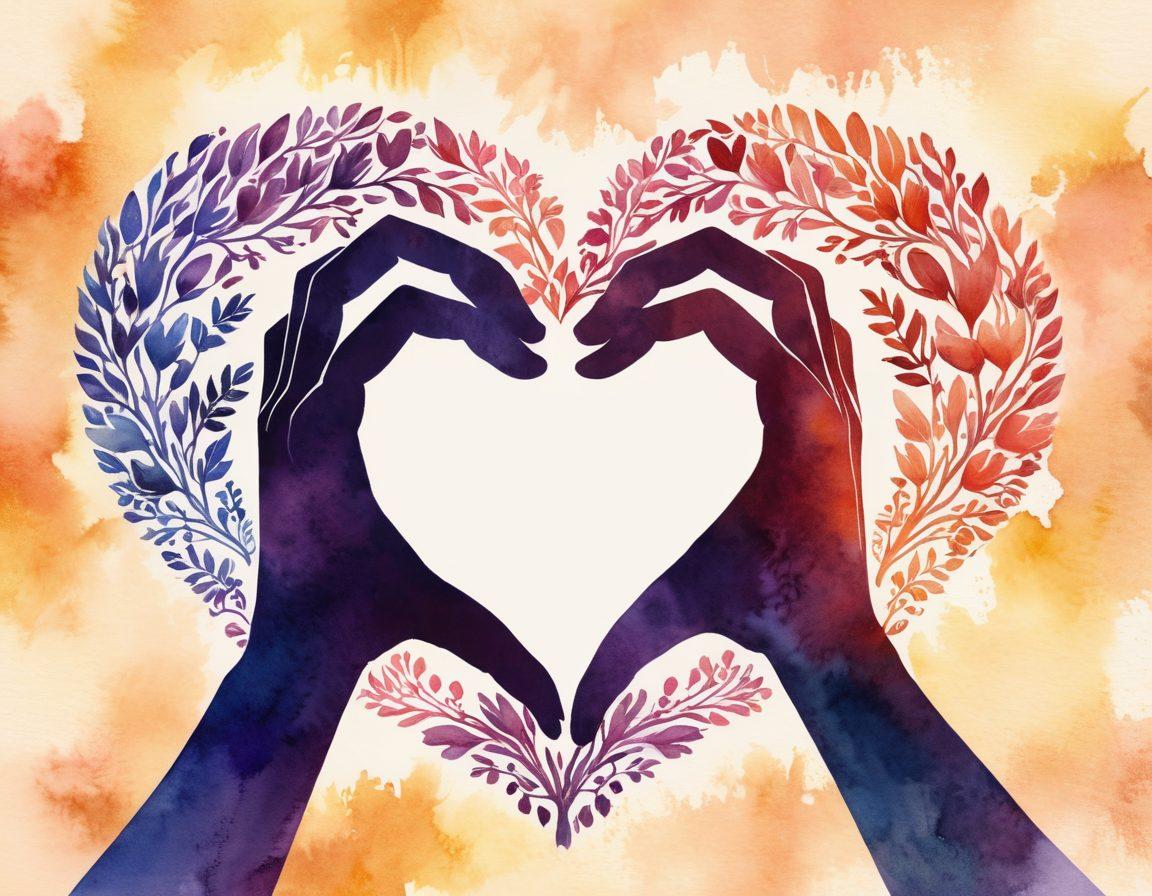 An artistic representation of a heart made of intertwined hands, symbolizing connection and relationships, with silhouettes of diverse couples in the background sharing affectionate moments. Soft, warm lighting illuminating the scene to evoke feelings of love and attraction. Floral elements subtly integrated to enhance romantic vibes. watercolor painting. vibrant colors. soft-focus background.