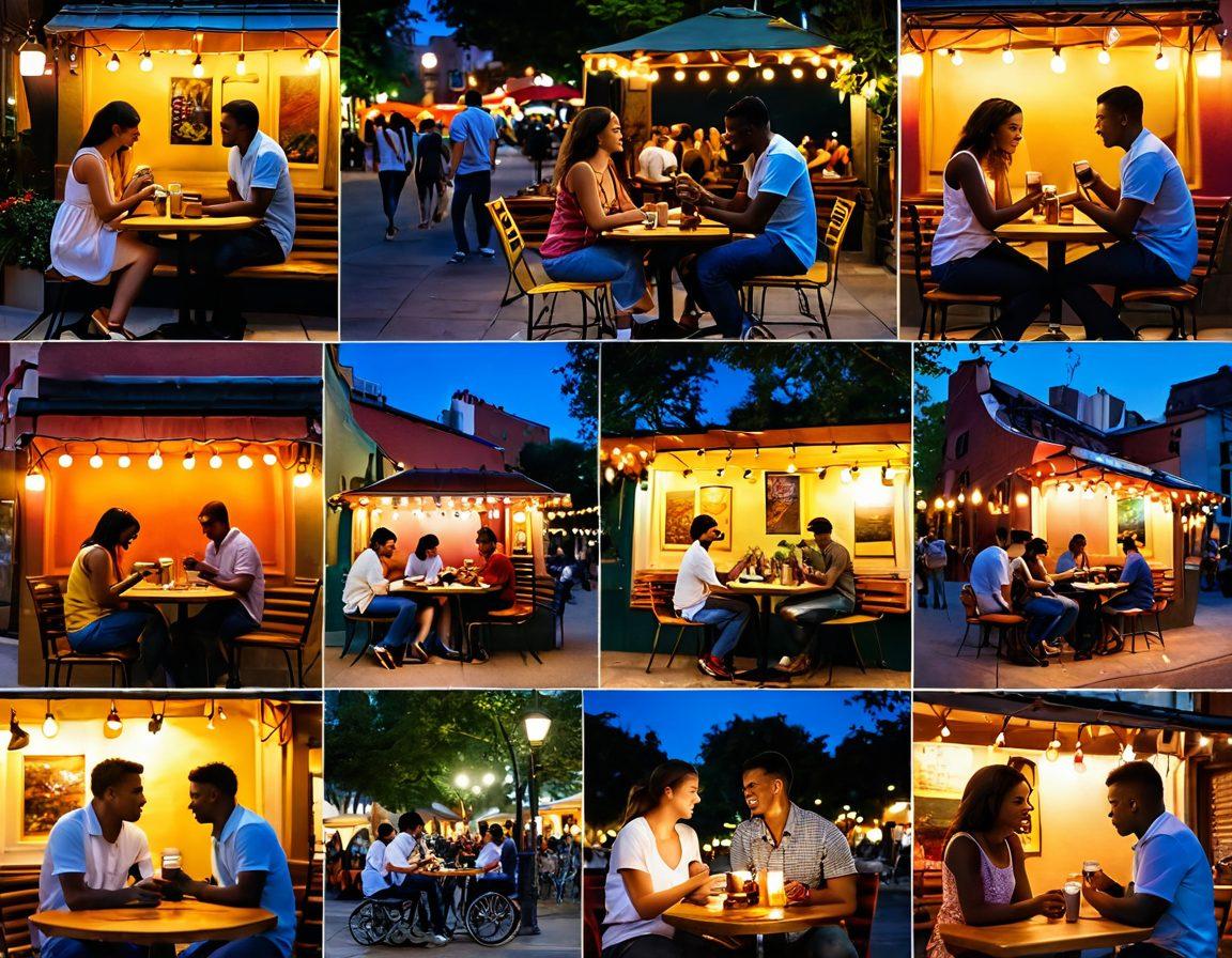 A collage of diverse couples sharing intimate moments in various urban settings, highlighting heartwarming interactions between straight men and their partners. Include elements like a cozy café scene, a park with romantic scenery, and lively street markets, emphasizing genuine emotions and connections. Use warm tones and soft lighting to enhance the romance theme. super-realistic. vibrant colors.